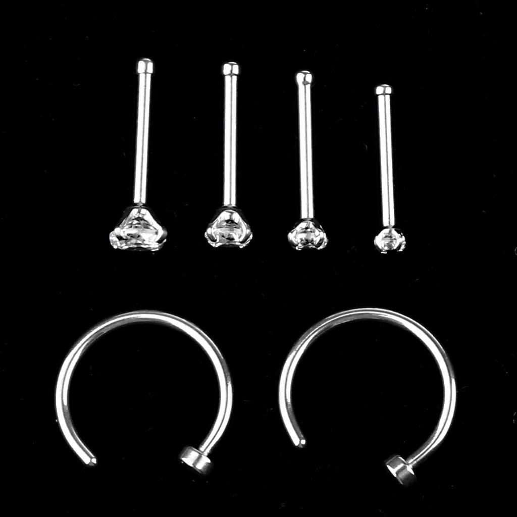 2-7pack 6Pcs C-shape Ring Bar Zircon Ear Stud Nose Helix Earrings Body Piercing