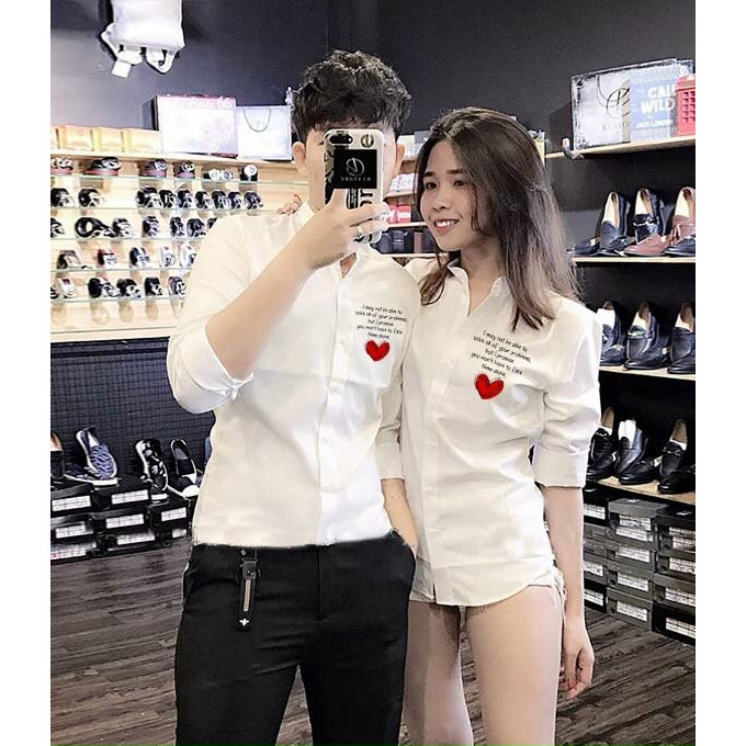 Áo sơ mi cặp dài tay in hình trái tim