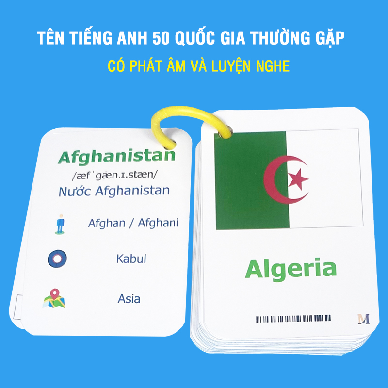 Bộ Flashcard tiếng anh- Tên tiếng Anh 50 Quốc gia thường gặp, có phát âm