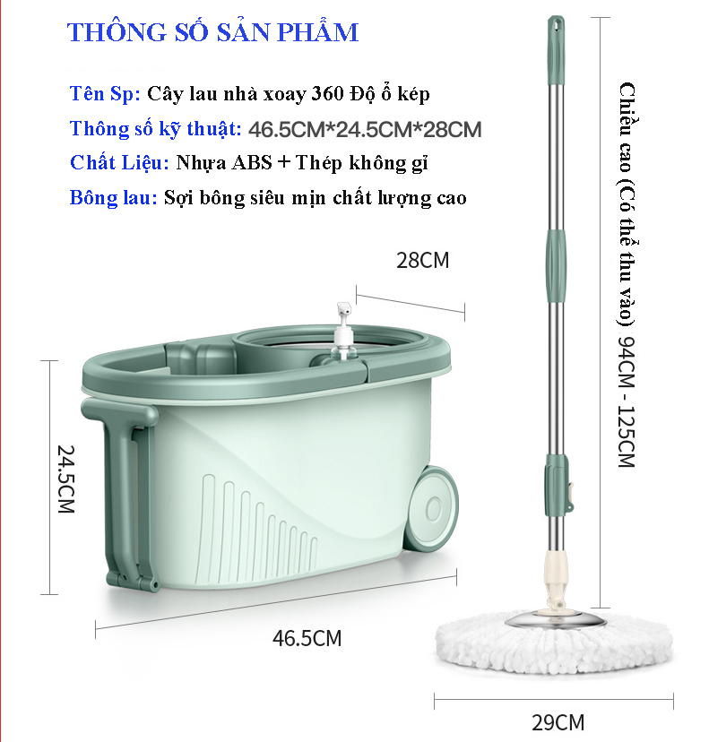 Bộ Chổi Lau Nhà 360 Độ Lồng Vắt Phân Tách
