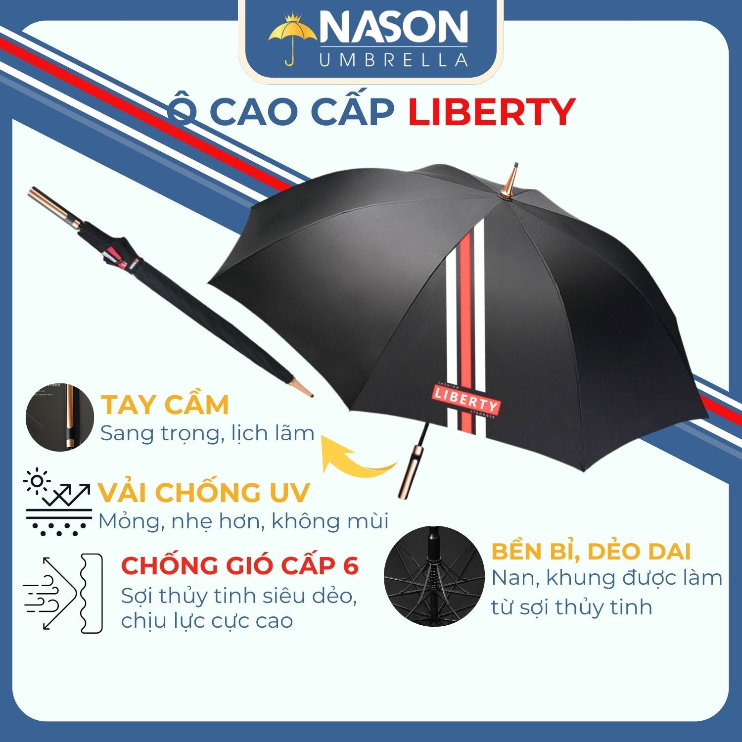 Ô thẳng cao cấp tán rộng Nason Gentle – Dù thẳng cao cấp Nason – Ô dù chống lật, ô thẳng che mưa – Màu Xám