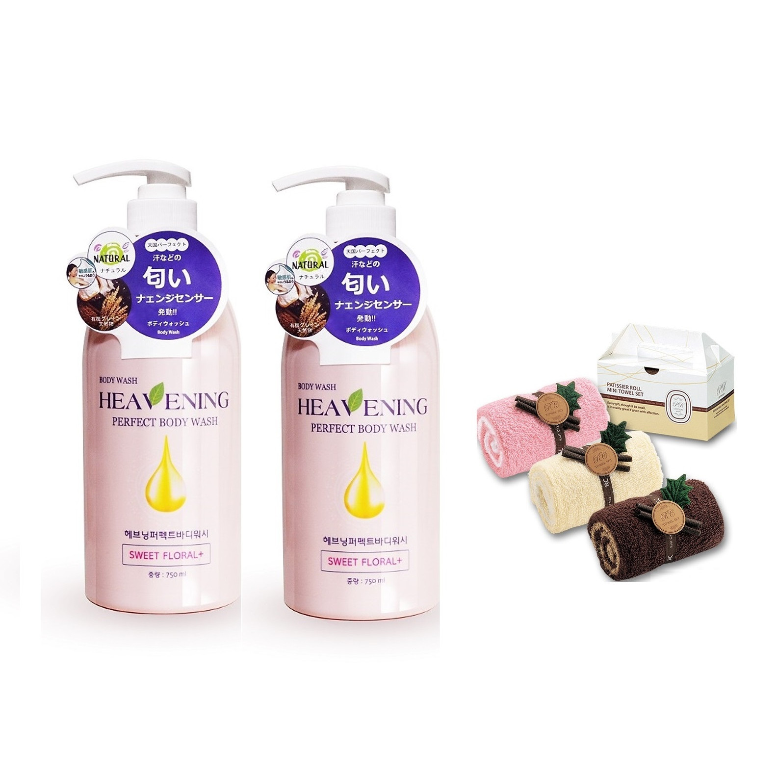 Set 02 chai sữa tắm dưỡng ẩm, làm trắng da toàn thân Hàn Quốc Heavening Perfect 750ml TẶNG kèm 01 Set 02 khăn cuộn cotton nhỏ