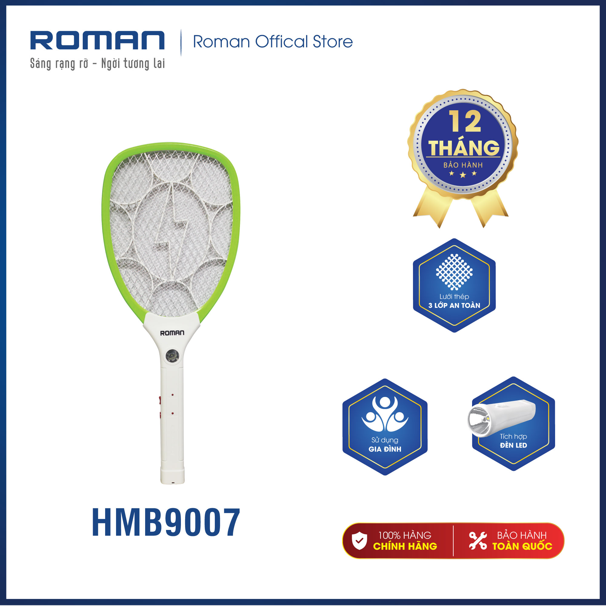 Vợt diệt muỗi cao cấp Roman HMB9007 tích hợp đèn LED an toàn, tiện lợi + Lớp bảo vệ an toàn tránh rò rỉ điện + Thời gian sử dụng dài
