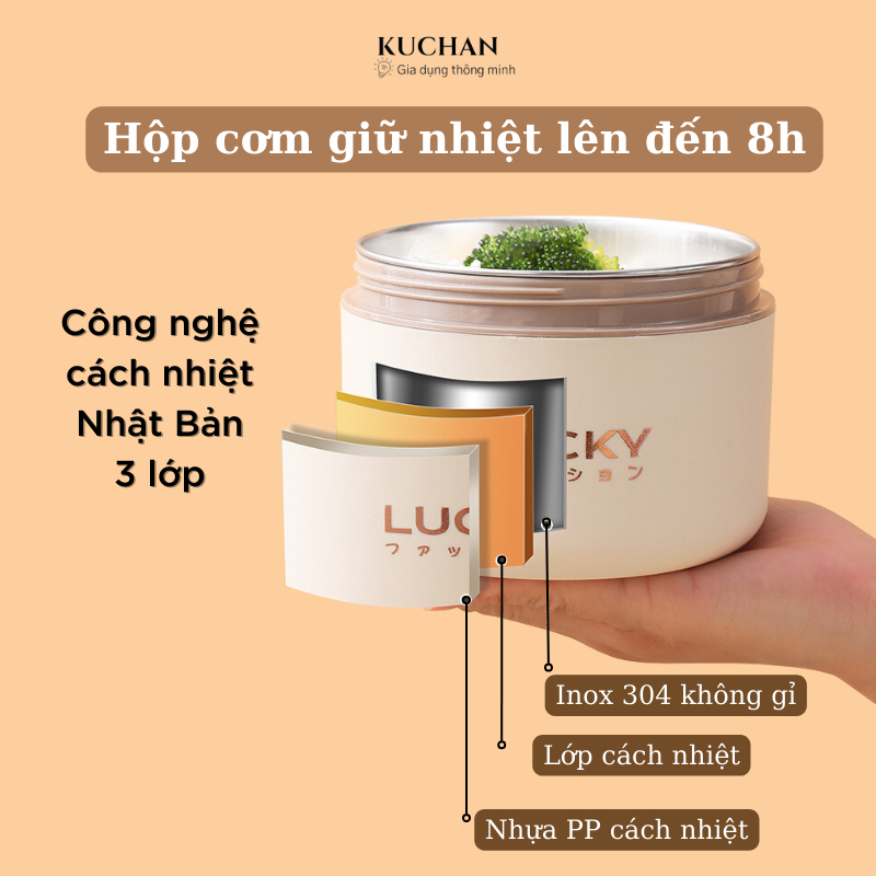 Hộp Đựng Cơm Giữ Nhiệt Lucky INOX 304 - Dung tích 1L - 2L Tặng kèm túi và Bộ dụng cụ ăn