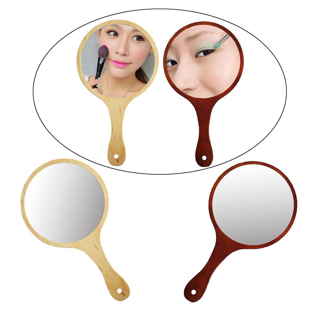 2Pcs Wooden Hand Mirror Handheld Mirror w/Handle for Make-up Shaving Tattoo