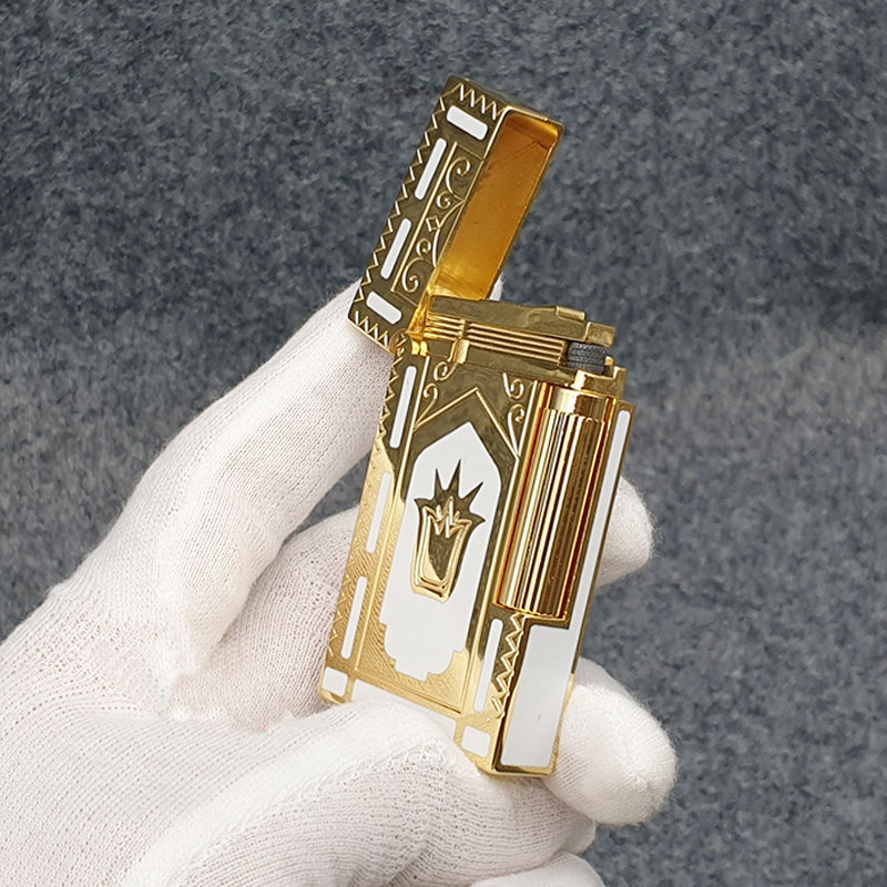 Vỏ Hột Quẹt Bật Lửa Gas Đá Upon D82V Thiết Kế Họa Tiết Sơn Mài Trắng Hoa Văn Hoàng Gia Cổ Điển Độc Đáo - Dùng Gas Đá Cao Cấp