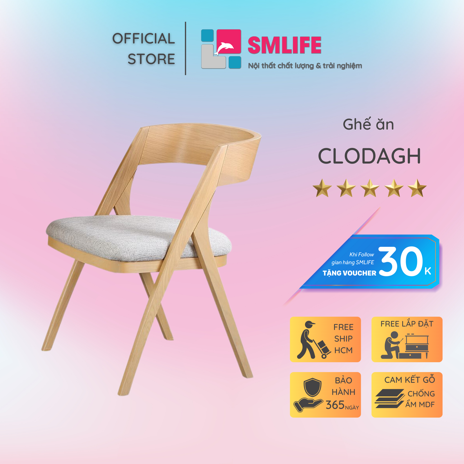 Ghế bàn ăn gỗ sồi hiện đại SMLIFE Clodagh | D54 x R59 x C74,3cm | gỗ Sồi
