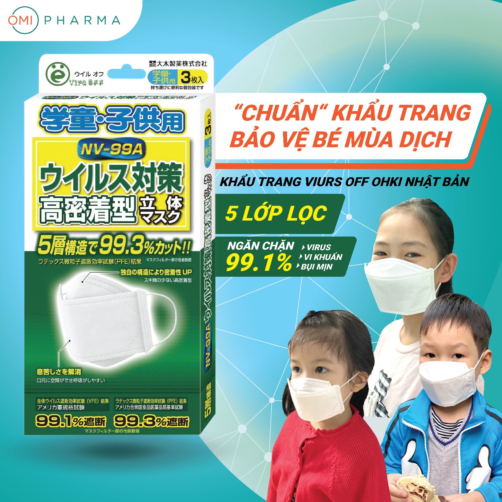 (Mua 3 tặng 1) Combo 3 hộp Khẩu trang trẻ em Virus Off - Ohki Nhật Bản thiết kế 3D ôm sát mặt NV-99A 3 miếng