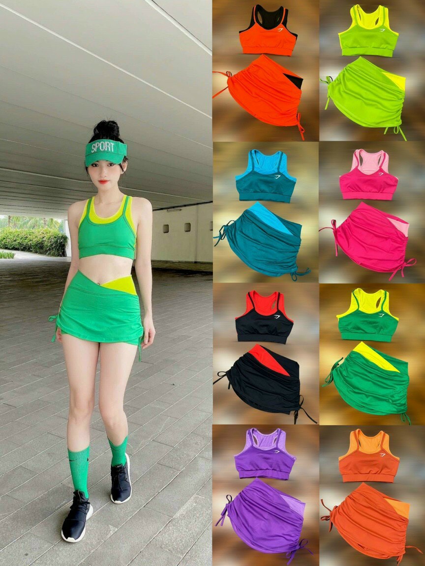 Bộ tập thể thao nữ, tập yoga, gym, erobic phối màu chân váy dây rút - Hot 2023
