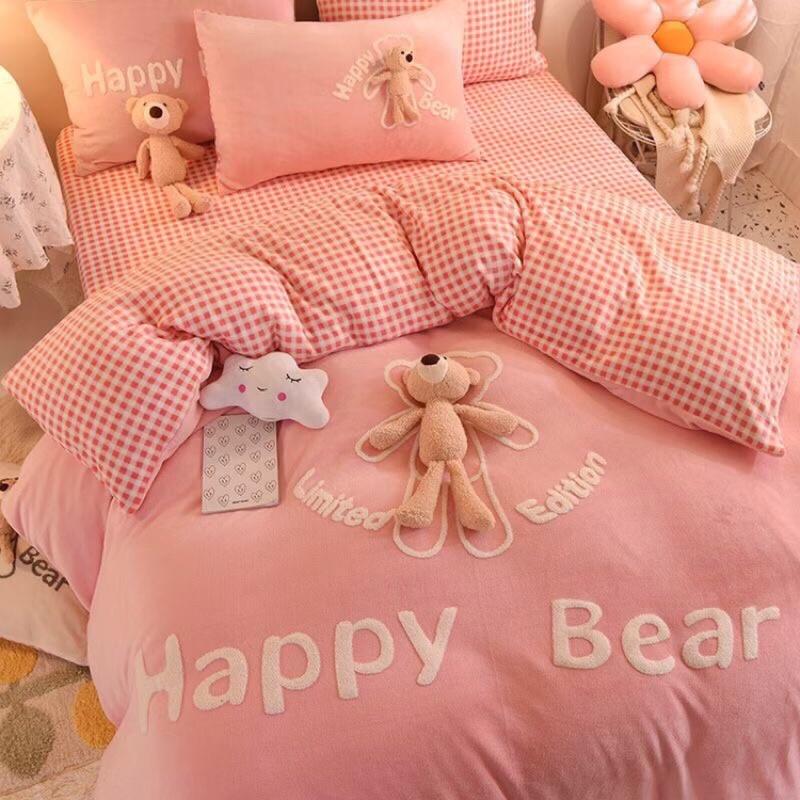 Bộ ga gối vỏ chăn nỉ nhung gấu Happy bear 4 món
