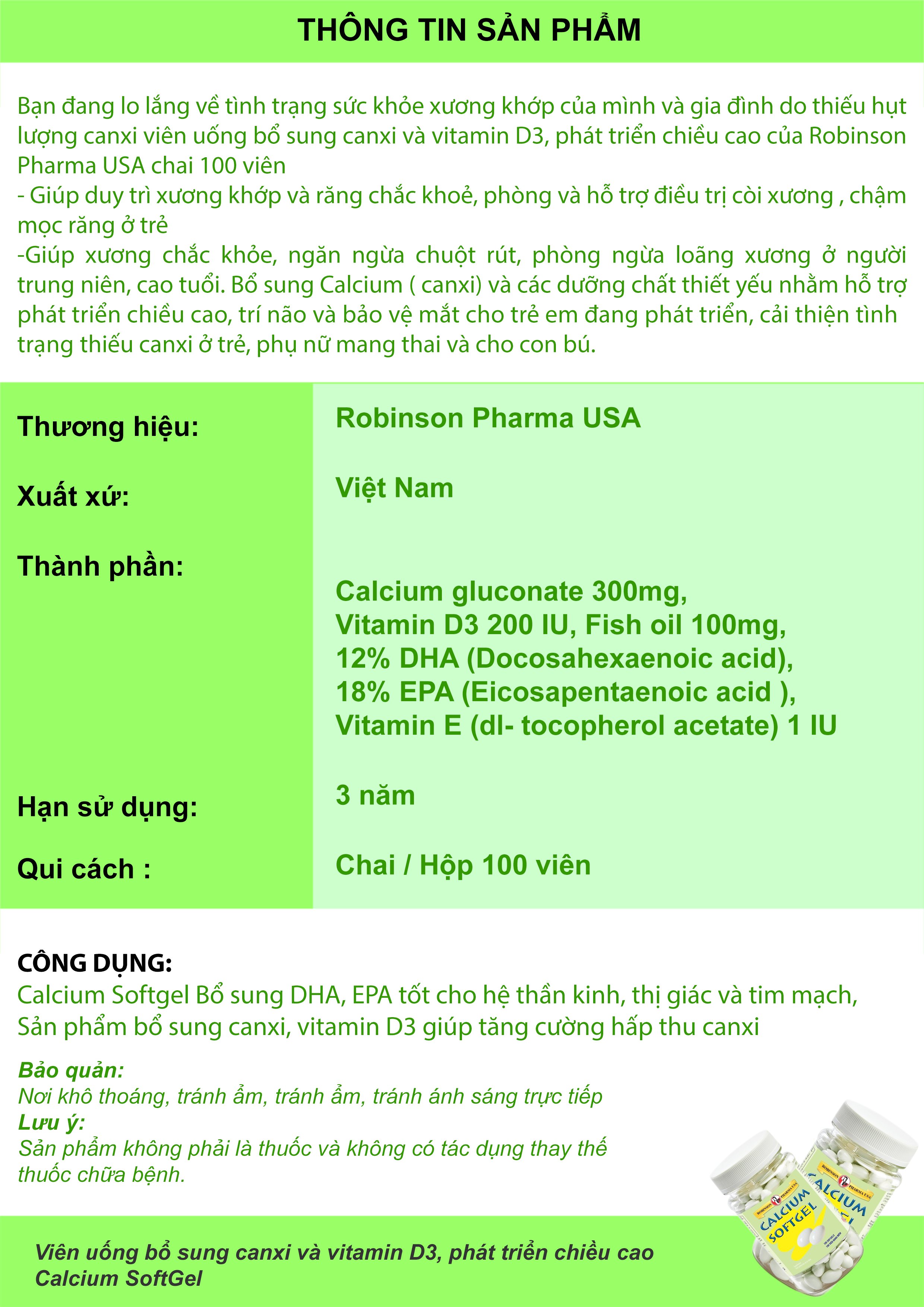 TPCN bổ xương bổ sung Calcium và Vitamin D3- Calcium softgel – Robinson Pharma Usa - Chai 100 viên
