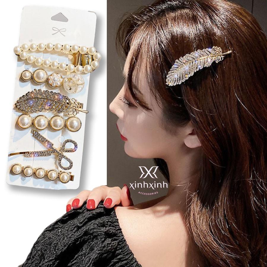 Kẹp tóc đính hạt dễ thương, sét 6 cặp tóc phong cách Hàn Quốc cho bạn gái điệu đà