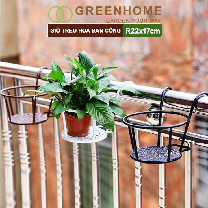 Giỏ treo hoa ban công, D22xC18cm, chất liệu sắt sơn tĩnh điện, phù hợp với mọi lan can |Greenhome