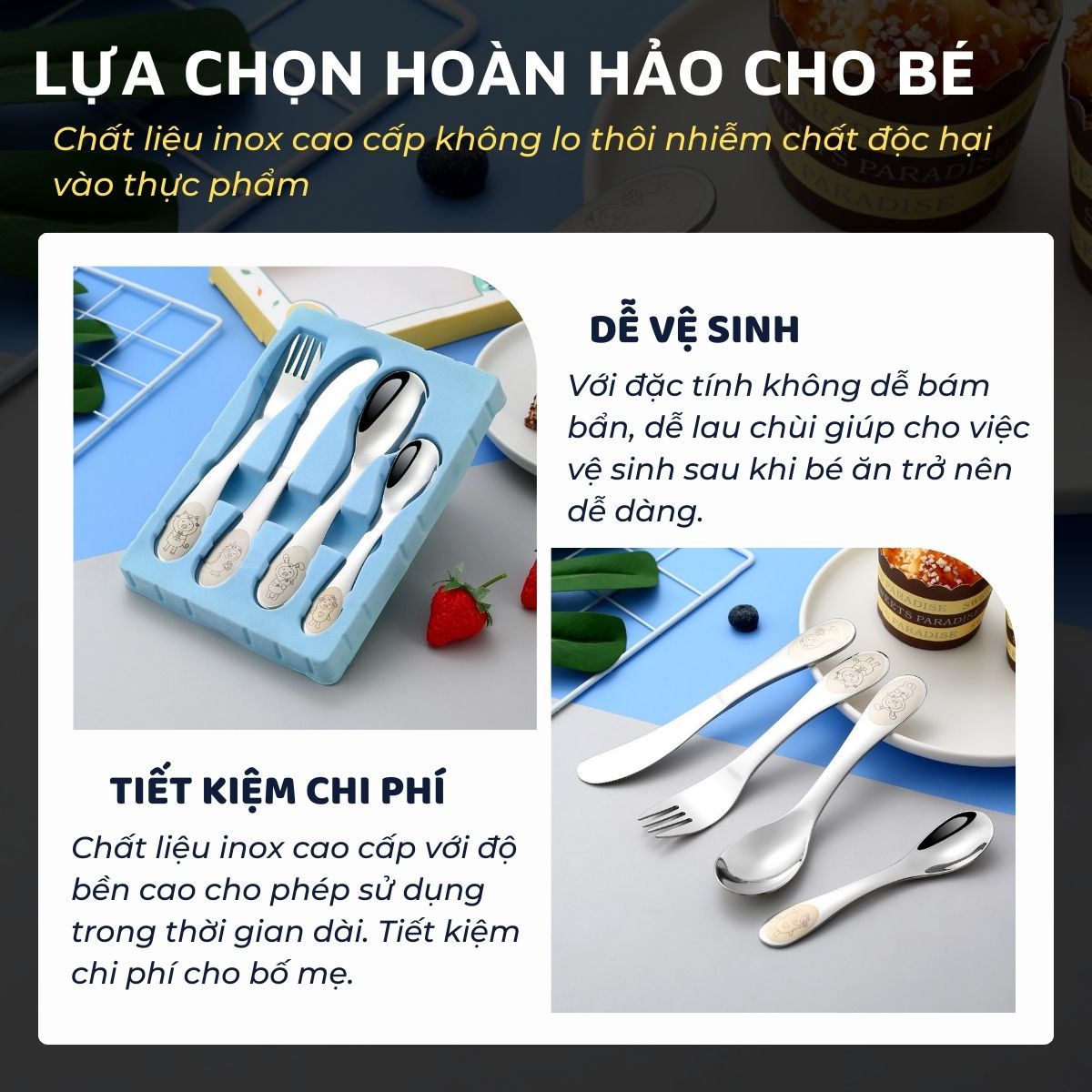 Bộ dao thìa nĩa tập ăn cho bé DandiHome inox 304 cao cấp - Có các lựa chọn