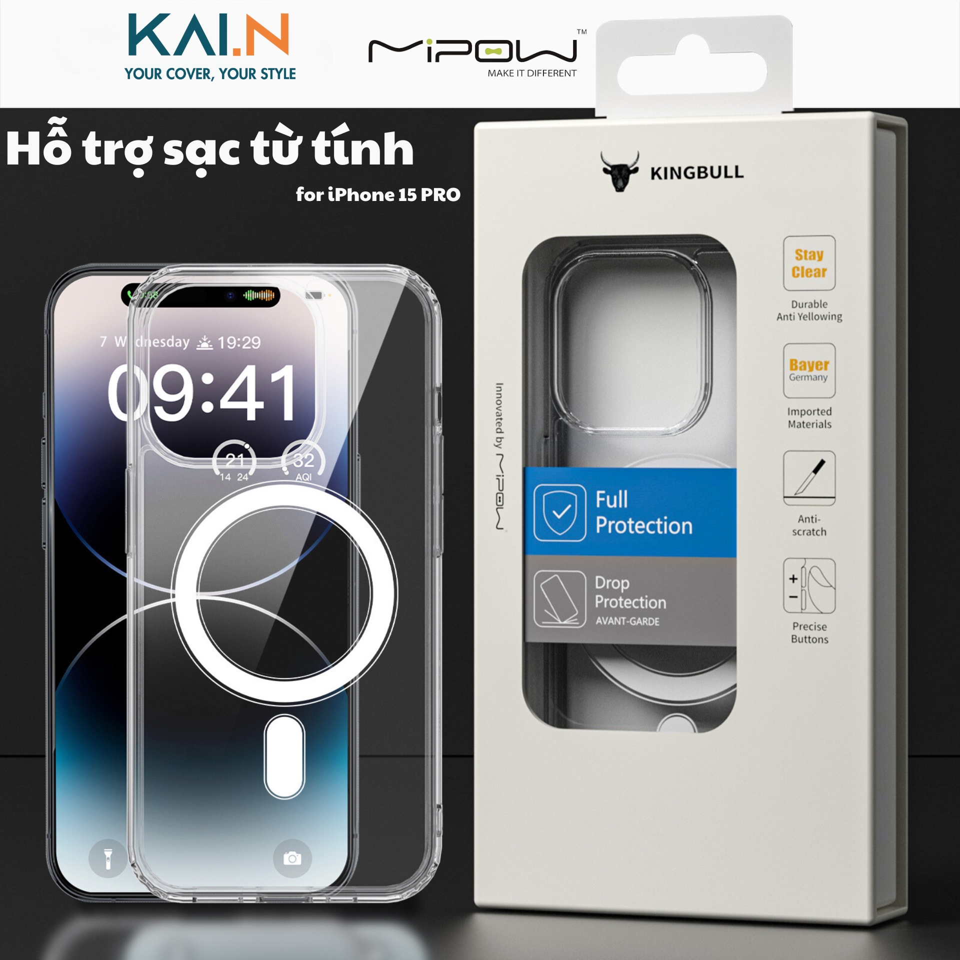 Ốp Lưng Trong Suốt Hỗ Trợ Sạc Từ Tính Dành Cho iPhone 15 Pro Max / 15 Pro / 15 Plus / 15, MIPOW TRANSPARENT - HÀNG CHÍNH HÃNG