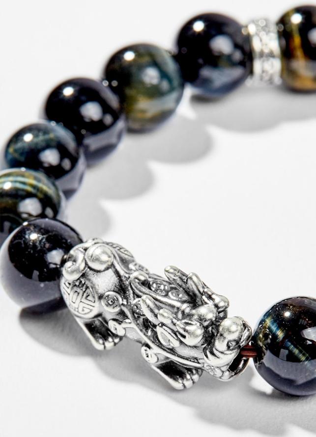 Vòng Tay Phong Thủy Nam Đá Mắt Hổ Xanh Đen Phối Charm Tỳ Hưu Bạc Mệnh Thủy, Mộc Ngọc Quý Gemstones