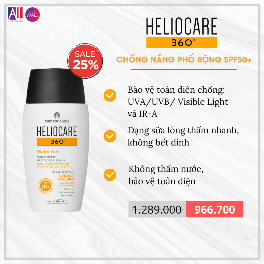 Kem chống nắng chống nước Heliocare 360 water gel 50ml TẶNG Sample Heliocare (Nhập khẩu)