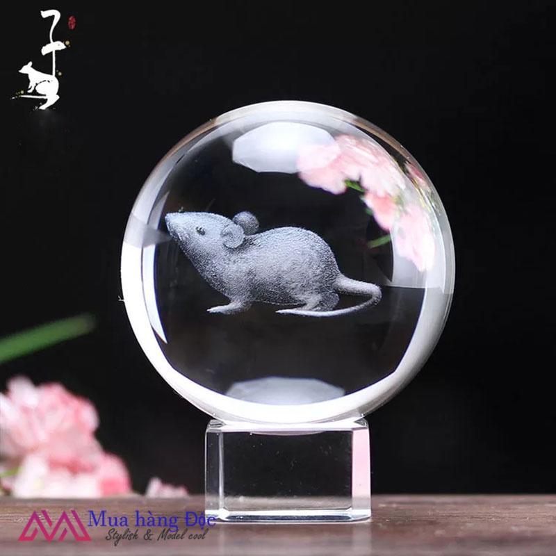 Quả cầu pha lê 12 con giáp đạo 6CM khắc 3d Larser đèn led