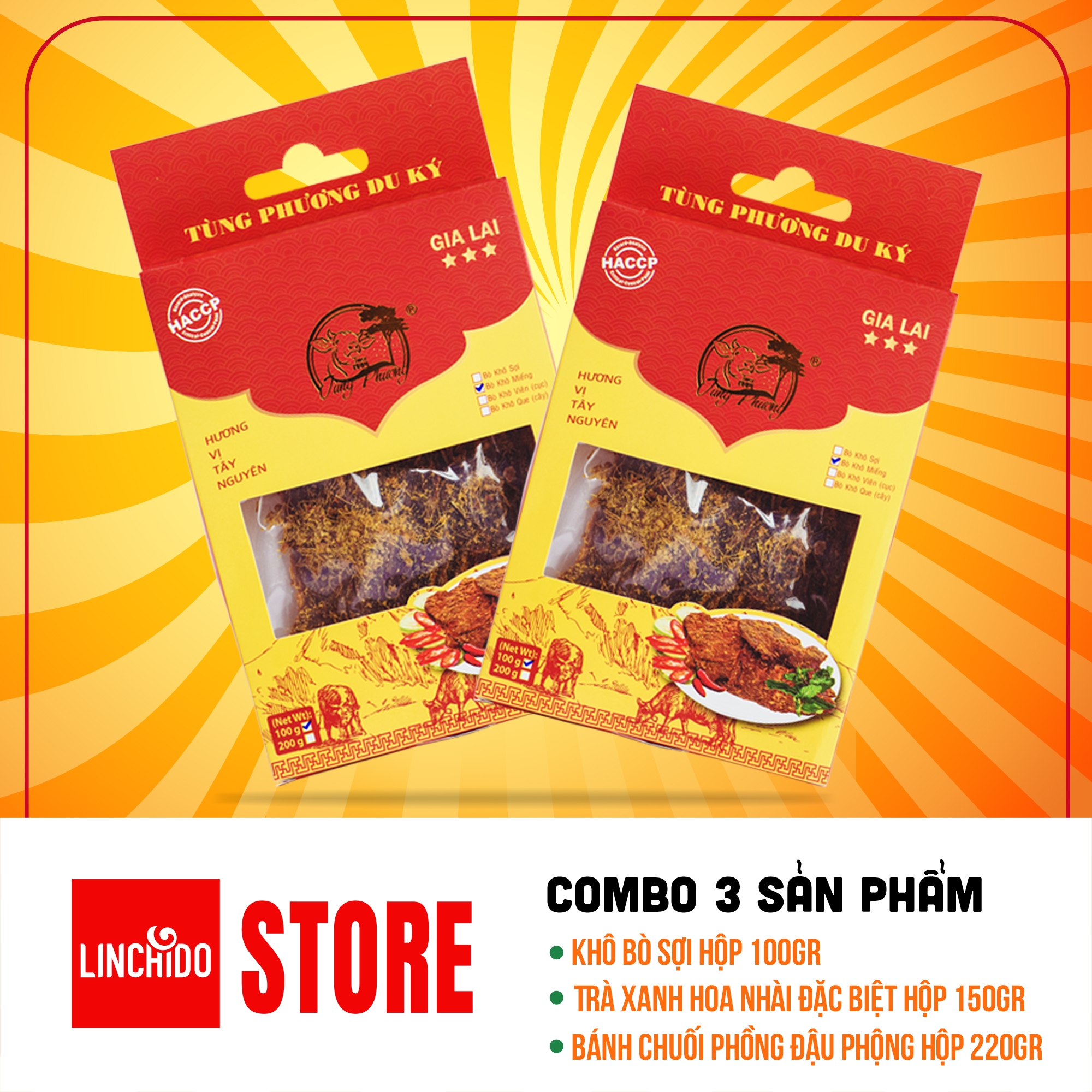 COMBO 3 MÓN ( Khô bò sợi hộp 100GR + Trà xanh hoa nhài đặc biệt hộp 150Gr + Bánh chuối phồng đậu phộng hộp 220GR )