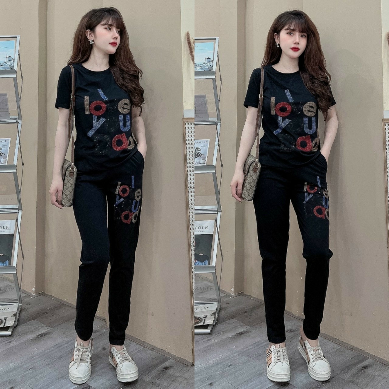 Đồ bộ thun cotton đính đá kí tự siêu sang MS07