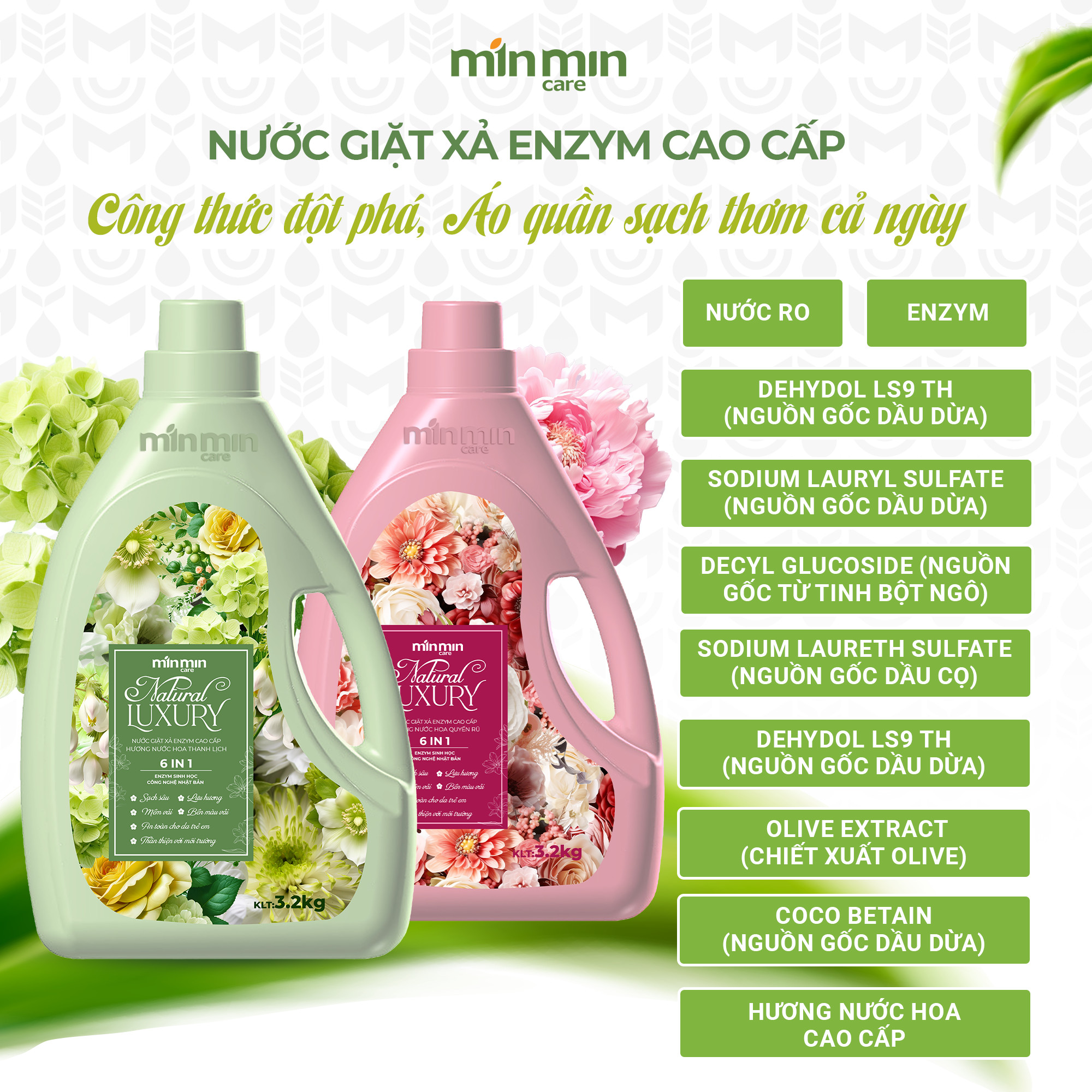 1 Can 3,2kg Nước Giặt Xả Luxury Min Min Care Hương Nước Hoa Quyến Rũ Màu Hồng