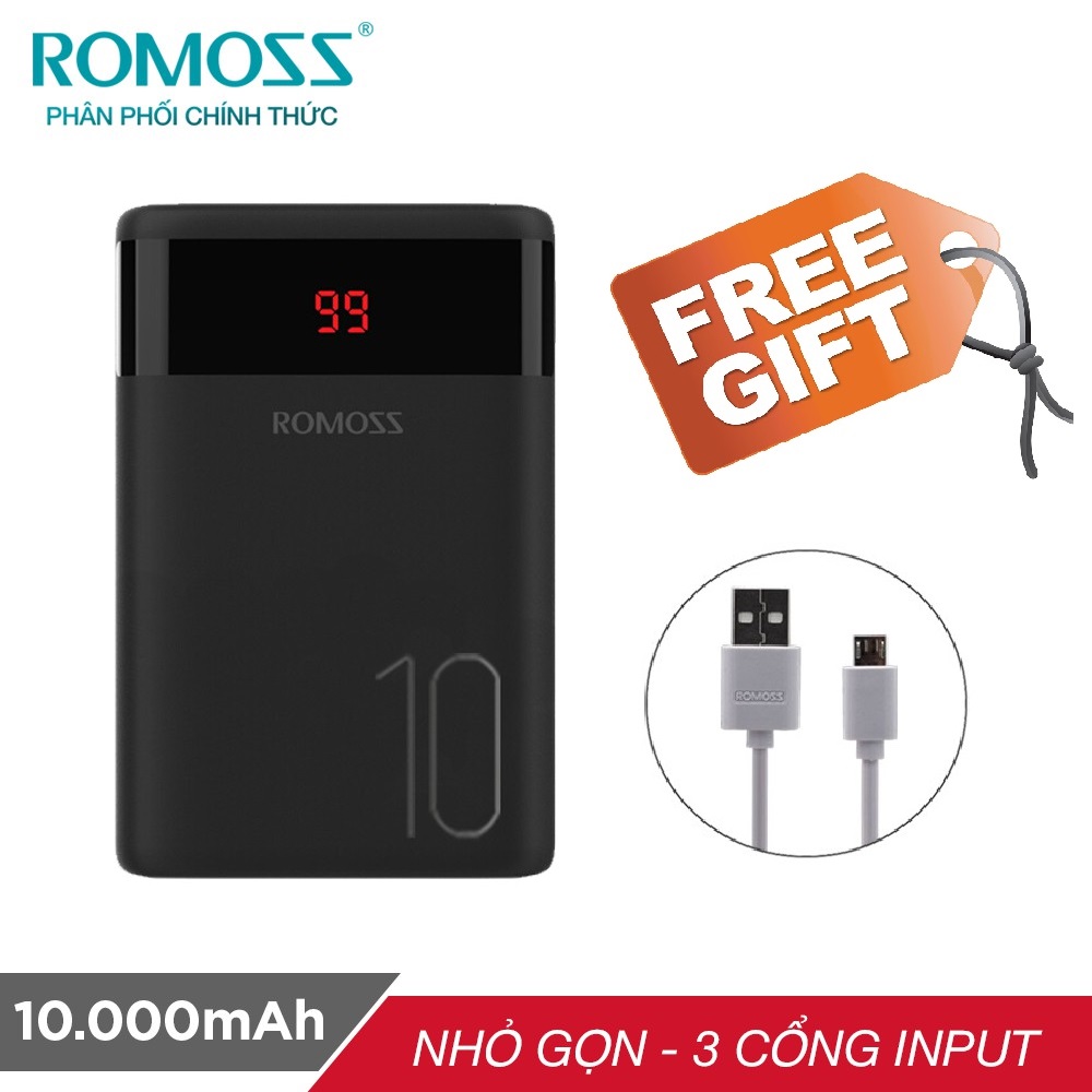 Pin sạc dự phòng 10.000mAh Romoss Ares 10  LED 3 cổng input Micro - Lightning - Type C - Hàng chính hãng + Tặng cáp micro USB tròn CB05 Romoss