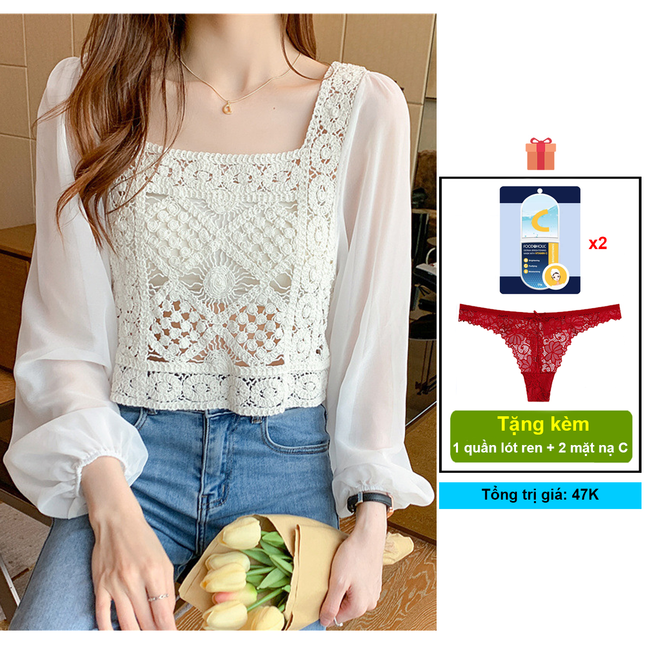 [XẢ KHO, GIẢM GIÁ] Áo crop top dệt kim tay dài voan mỏng kiểu dáng thời trang trẻ trung