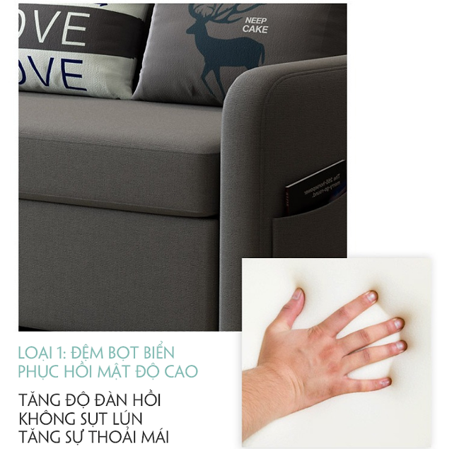 GIƯỜNG SOFA THÔNG MINH GẤP GỌN KHUNG THÉP CHỊU LỰC. KT 1m6 x 1m9 TẶNG KÈM 3 GỐI CÙNG TONE Nội Thất Juno Sofa