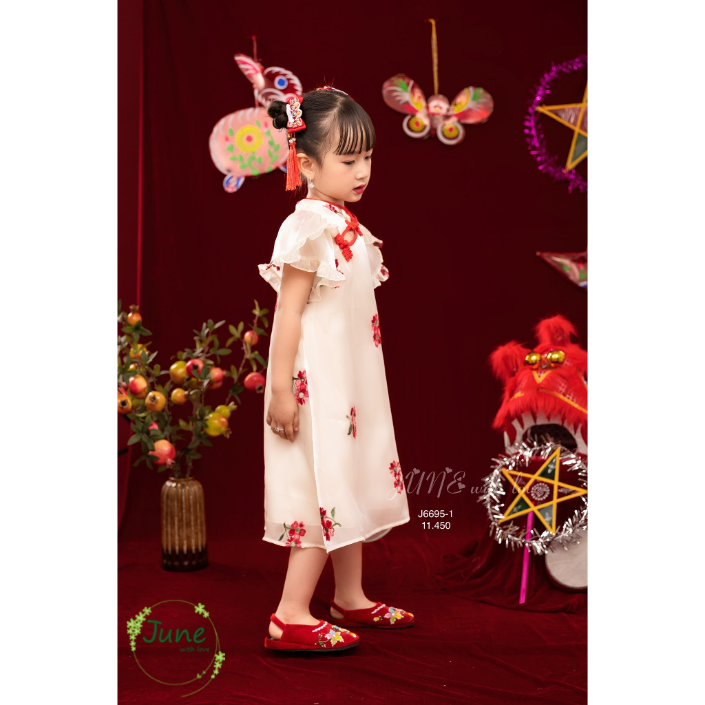 Đầm sườn xám đẹp cho bé gái mặc lễ tết trung thu tone đỏ size 12-40kg hàng thiết kế cao cấp
