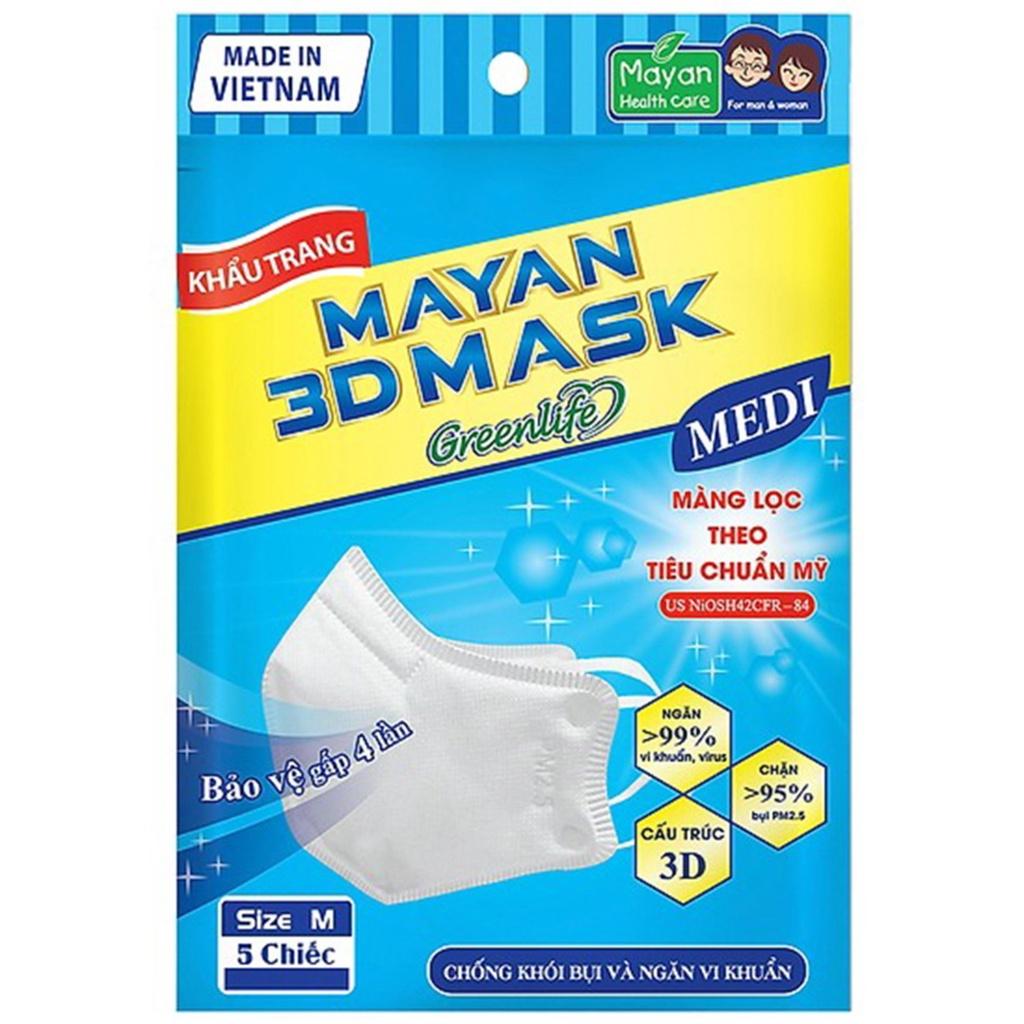 Khẩu Trang Kháng Khuẩn Mayan 3D Mask PM 2.5 Medi Loại 4 Lớp Gói 5 Cái Chống Bụi Vi Khuẩn Hiệu Quả