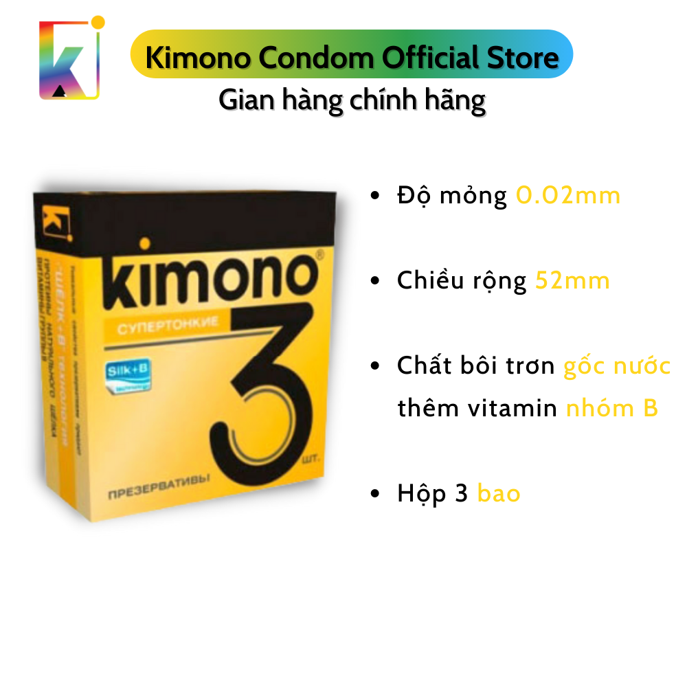 Combo 3 hộp Bao cao su Kimono Gold Siêu mỏng 0.02mm - Bôi trơn gốc nước -  Loại 3 bao/hộp