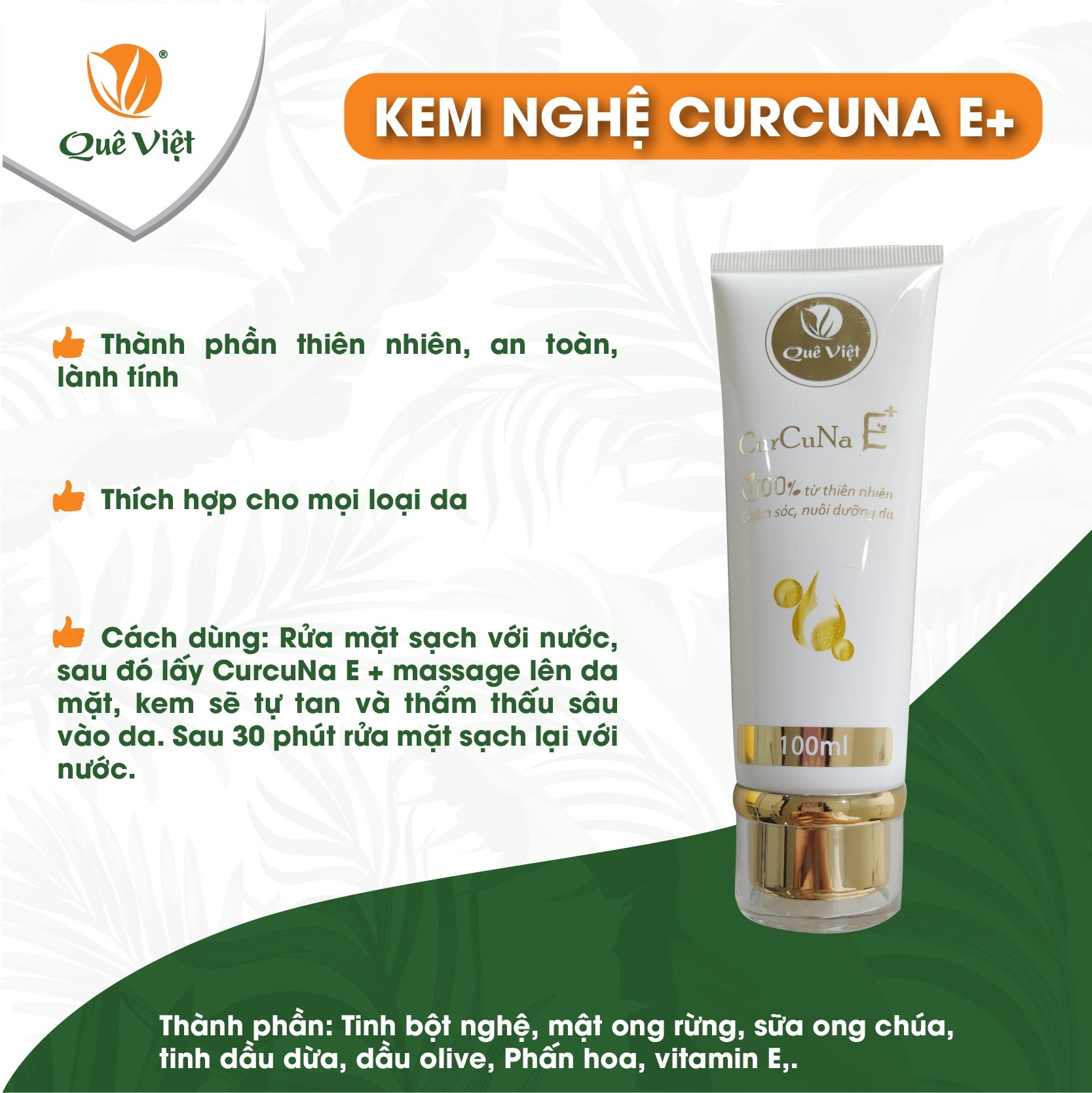 Kem nghệ CurcuNa E+ Quê Việt chiết xuất thiên nhiên làm mờ thâm, nám, tàn nhang, ngăn ngừa mụn (2 X 100ml/tuýp)