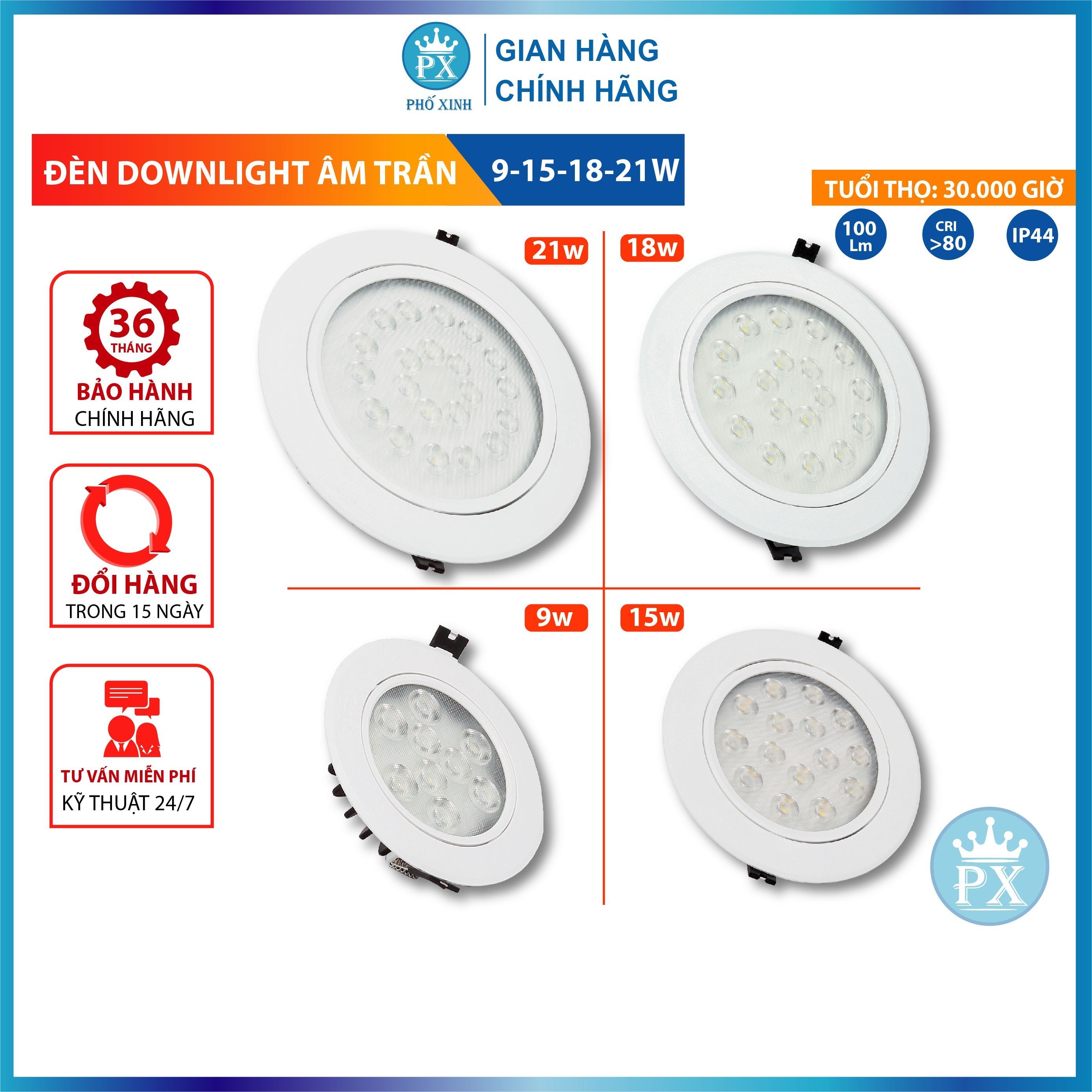 ĐÈN LED ÂM TRầN 9W, 15W, 18W, 21W -đèn dowlight âm trần 9W lỗ khoét 100mm mắt ếch, đèn âm trần