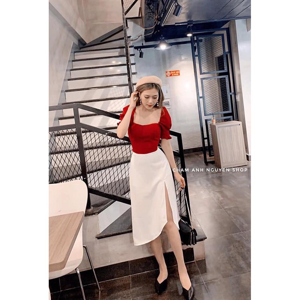 Set Áo Cổ Vuông Kèm Chân Váy chất Váy tơ gân mềm mịn,co giãn nhẹ, lót thun,Áo đũi,mềm mịn ko co giãn. Set áo thích hợp cho chị em đi chơi,đi tiệc