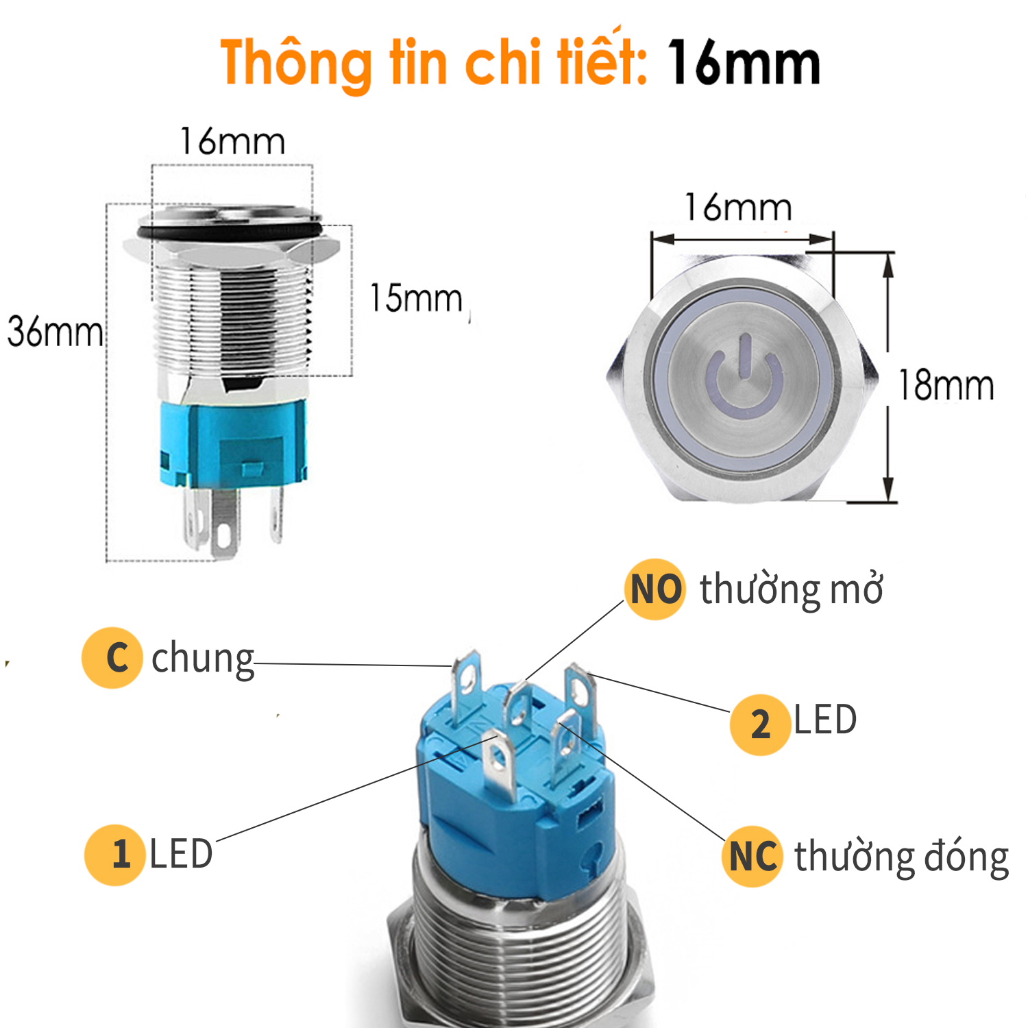 Nút công tắc nguồn nhấn Tự Khóa 16mm Vỏ INOX chống nước, Biểu tượng Nguồn LED