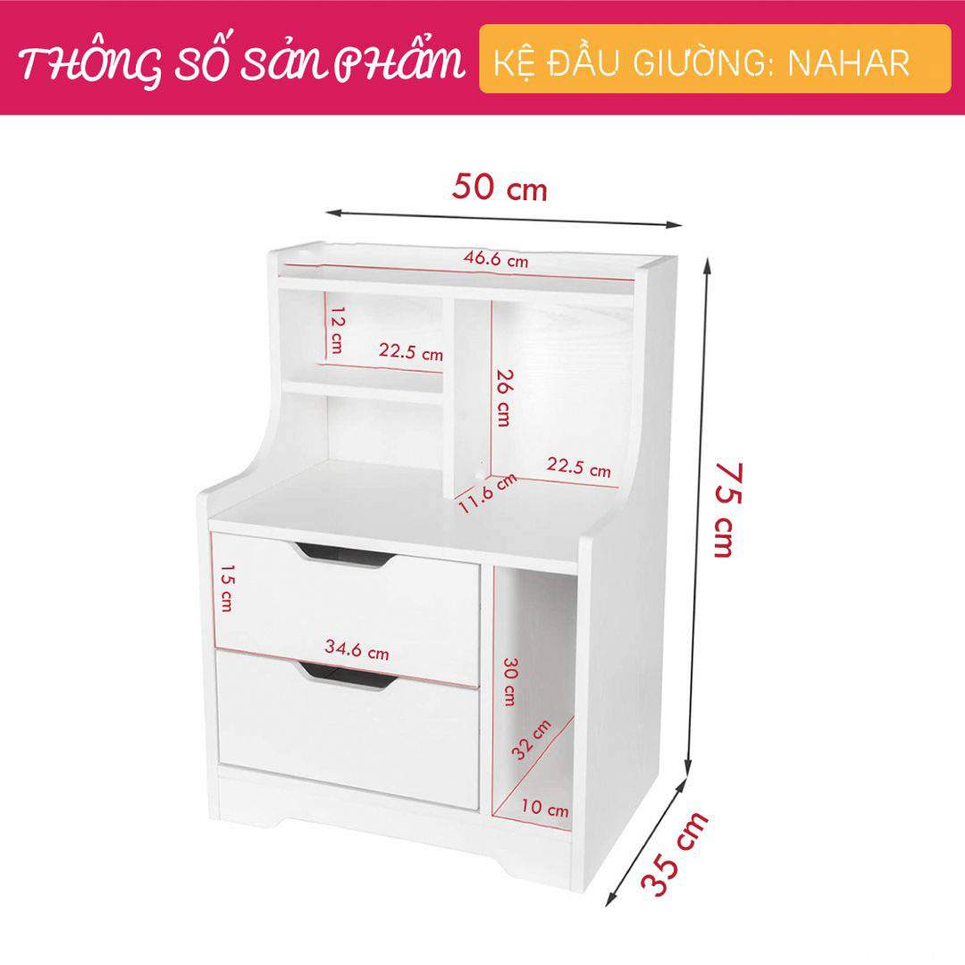 Kệ gỗ đầu giường hiện đại SMLIFE Nahar  | Gỗ MDF dày 17mm chống ẩm | D50xR35xC75cm