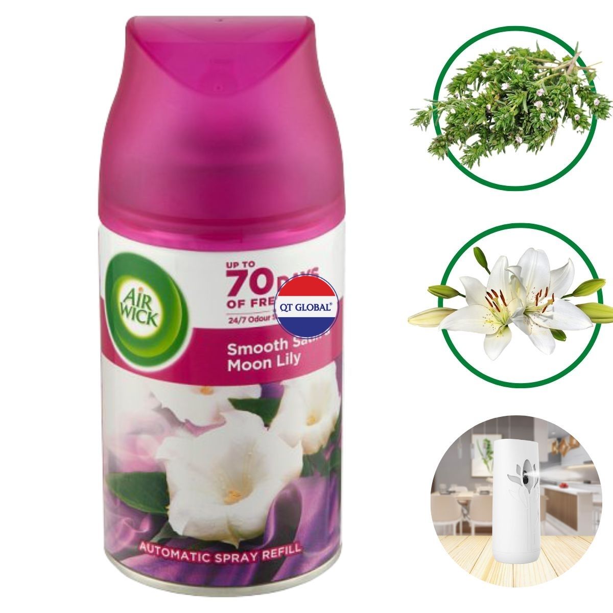 Bình xịt tinh dầu thiên nhiên Air Wick Smooth Satin &amp; Moon Lily 250ml QT016841 - hương hoa ly