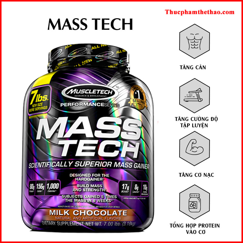 Sữa tăng cân tăng cơ Mass Tech 7lbs (~3.18kg) – Hỗ trợ Tăng Cân + Tăng Cơ + Tăng Sức Mạnh từ nguồn dinh dưỡng được thiết kế chuyên biệt cho quá trình này - Hàng nhập khẩu chính hãng - Thương hiệu Muscletech - Kèm quà tặng