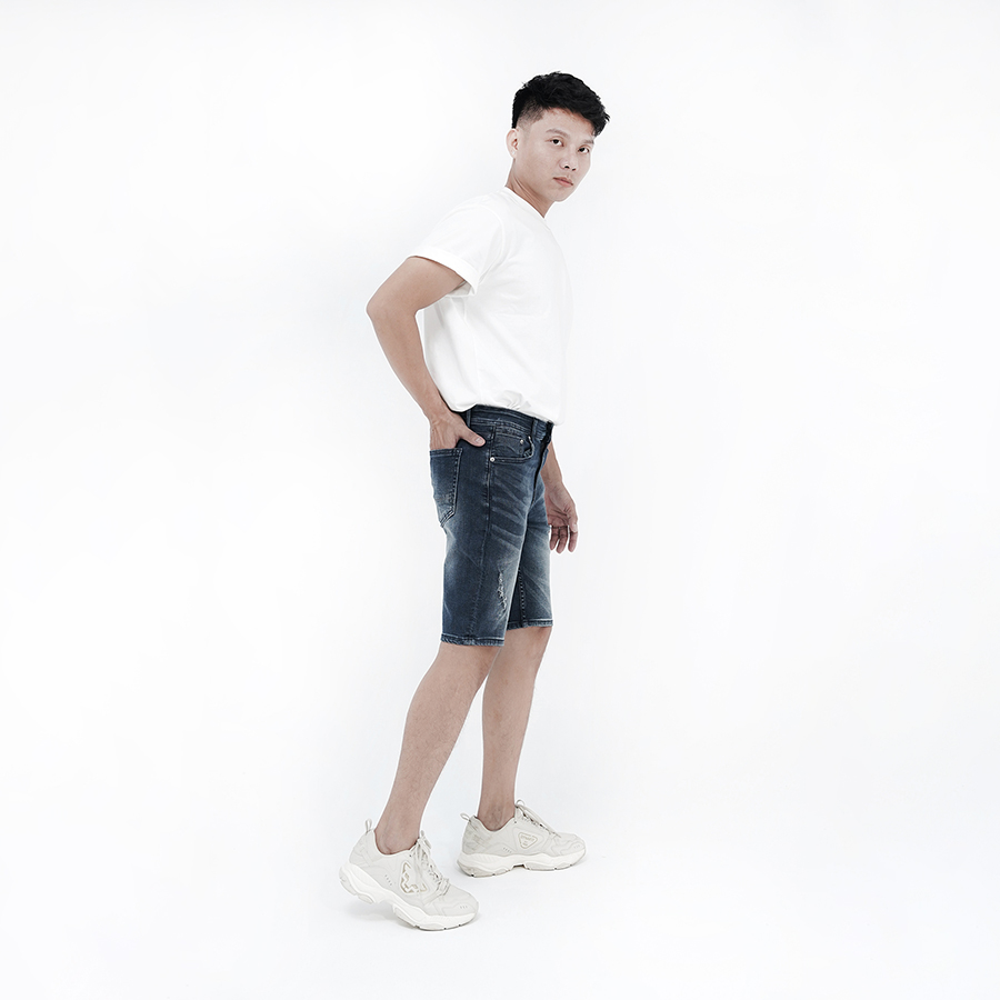 Quần Short Jeans Nam Cao Cấp HUNTER X-RAYS Form Slimfit Thun Mài Sờn Màu Xanh Đậm S36