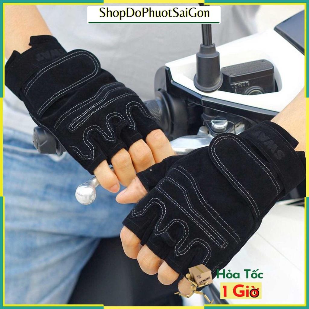 Găng tay xe máy đi phượt chống nắng hở ngón Swat màu đen