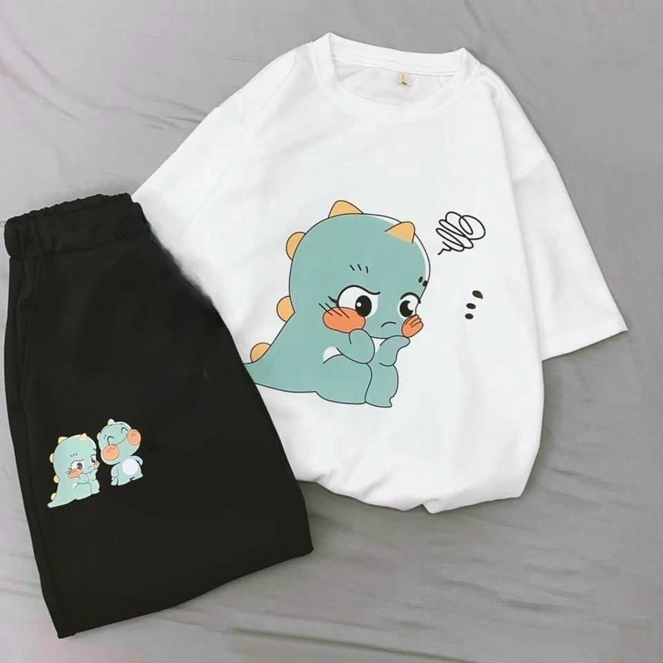 Đồ bộ nữ Unisex SB63 in hình khủng long nhỏ, set bộ gồm áo thun nữ form rộng tay lỡ Unisex kèm quần short cartoon, Đồ Bộ Hoạt Hình Unisex chú vịt, Set Cartoon, đồ bộ hoạt hình khủng long đang suy nghĩ Nam Nữ Đều Mặc Được