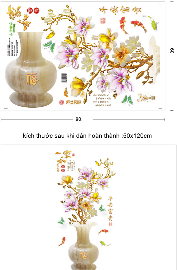 Decal trang trí tường - Bình Hoa Sứ hoa Mai Tím Vàng khoe sắc