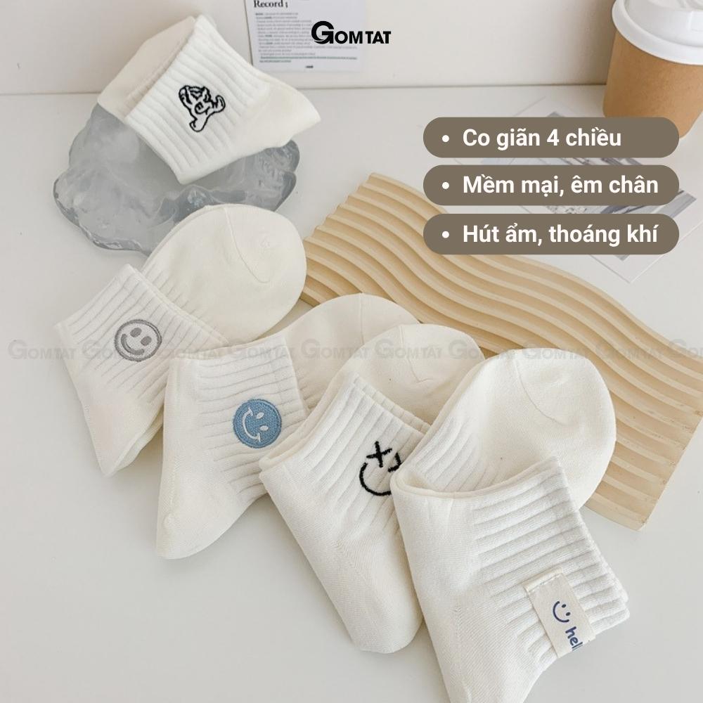 Tất nữ cổ ngắn GOMTAT màu trắng họa tiết dễ thương, chất liệu cotton mềm mại thấm hút thoáng khí - NGANICON-PO-3024-1DOI