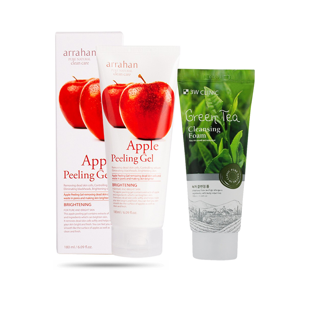 Combo Sữa rửa mặt chiết xuất từ trà xanh 3W CLINIC GREEN TEA CLEANSING FOAM và Gel tẩy da chết hương táo Arrahan
