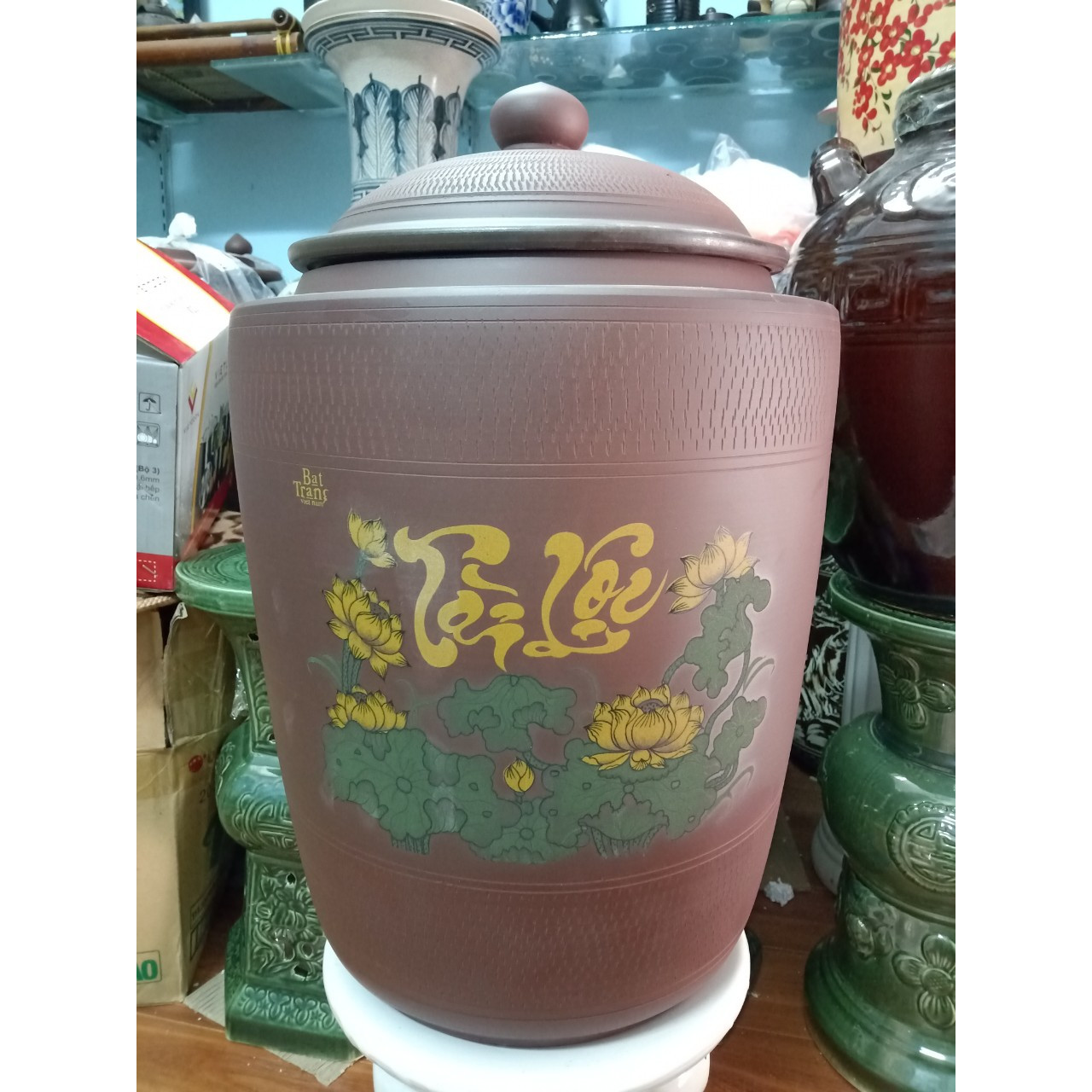 Hũ đựng gạo sành vẽ sen tài lộc gốm sứ Bát Tràng