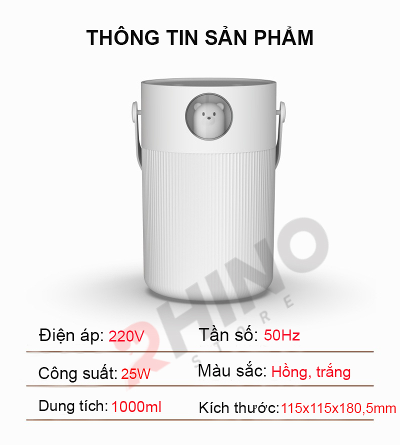 Máy phun sương tạo ẩm tinh dầu Rhino H807 1000ml, 2 lõi phun tích hợp đèn kèm quai treo - Hàng chính hãng