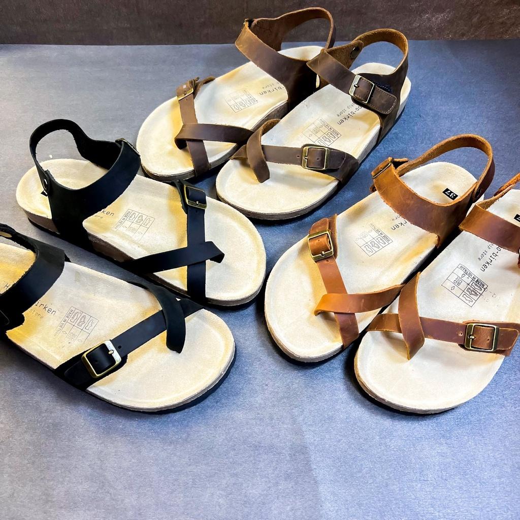 Dép đế trấu birken da bò sáp nam nữ unisex 2 khóa quai sandal xỏ ngón size 35 - 43 chính hãng Hishoo S108