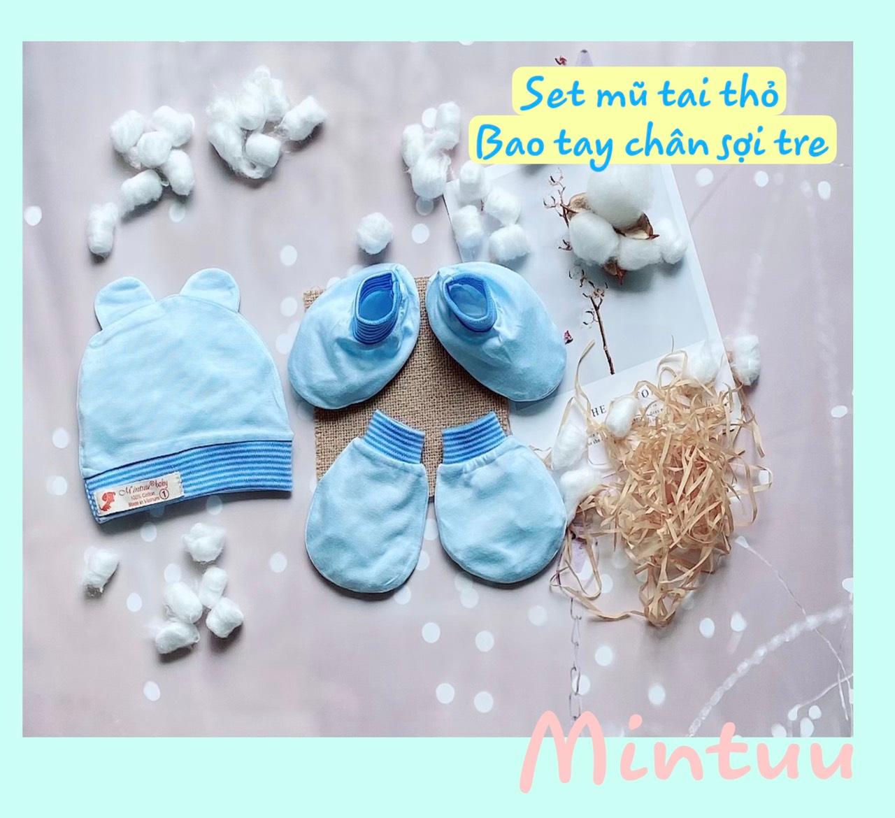 Set mũ sơ sinh tai thỏ - tay chân bo thương hiệu MINTUU, chất liệu vải sợi tre - Biển