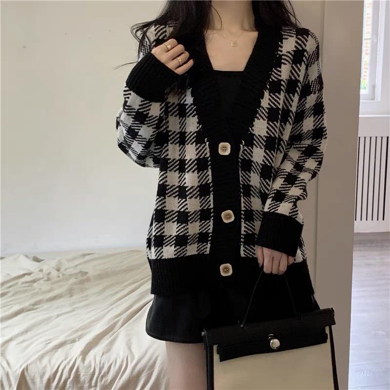 Áo cardigan khoác len nữ tay dài kẻ caro vintage nâu đen form dài rộng chất dày dặn kiểu Hàn Quốc hàng Quảng Châu C-7