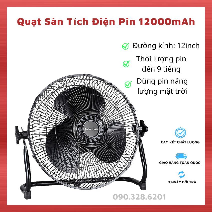 Quạt Tích Điện Năng Lượng Mặt Trời 12inch Pin Dùng Đến 9 Tiếng, Quạt Sạc Điện Chân Quỳ